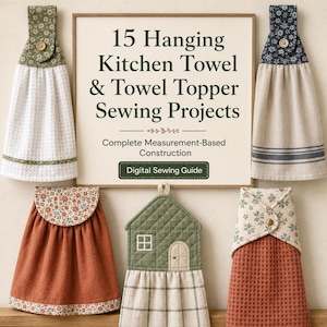 May include: A digital sewing guide titled 15 Hanging Kitchen Towel & Towel Topper Sewing Projects with Complete Measurement-Based Construction. The guide is surrounded by five hanging kitchen towels featuring various floral and plaid fabric patterns.