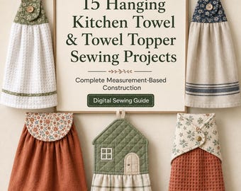 Może przedstawiać: Cyfrowy przewodnik krawiecki zatytułowany 15 Hanging Kitchen Towel & Towel Topper Sewing Projects z Complete Measurement-Based Construction. Jest otoczony pięcioma wiszącymi ręcznikami kuchennymi w różne kwiatowe i kratkowane wzory.