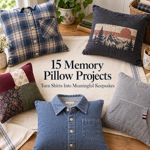 Può includere: Quattro cuscini decorativi realizzati con camicie riutilizzate, tra cui una camicia a quadri blu, una stampa con montagna grigio scuro, un design patchwork floreale e in velluto a coste, e uno stile felpa grigia con tasca frontale, circondati da testo.