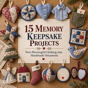 May include: A collection of fifteen fabric ornaments surrounding a central sign that reads 15 Memory Keepsake Projects Turn Meaningful Clothing into Handmade Ornaments. The ornaments include hearts, a shirt, a star, a tree, a bird, and a stocking.