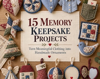 Może przedstawiać: Kolekcja piętnastu ozdób z tkaniny otaczających centralny znak z napisem 15 Memory Keepsake Projects Turn Meaningful Clothing into Handmade Ornaments. Ozdoby obejmują serca, koszulę, gwiazdę, drzewo, ptaka oraz skarpetę świąteczną.