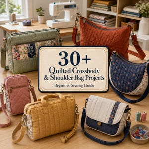 Peut inclure: Une collection de sacs à bandoulière et sacs portés épaule matelassés dans diverses couleurs dont vert sauge, orange rouille, bleu marine, rose poudré, jaune moutarde et crème, avec une pancarte indiquant 30+ Quilted Crossbody & Shoulder Bag Projects.