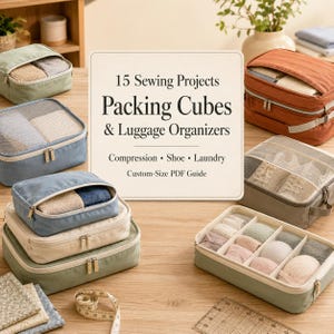 May include: A collection of fabric packing cubes and luggage organisers in various colours including sage green, blue, cream, and terracotta. The central text reads 15 Sewing Projects Packing Cubes & Luggage Organisers, Compression, Shoe, Laundry, Custom-Size PDF Guide.
