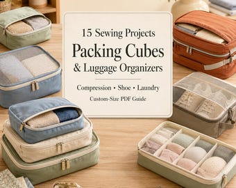 May include: A collection of fabric packing cubes and luggage organizers in various colors including sage green, blue, cream, and terracotta. The central text reads 15 Sewing Projects Packing Cubes & Luggage Organizers, Compression, Shoe, Laundry, Custom-Size PDF Guide.