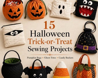 Może przedstawiać: Kolekcja 15 projektów krawieckich o tematyce Halloween, w tym wiaderka w kształcie dyni, torba z duchem, woreczek z mumią, torba z potworem, worek z kapeluszem czarownicy, czarny kociołek, torba z nietoperzem oraz torba w kształcie dyni.