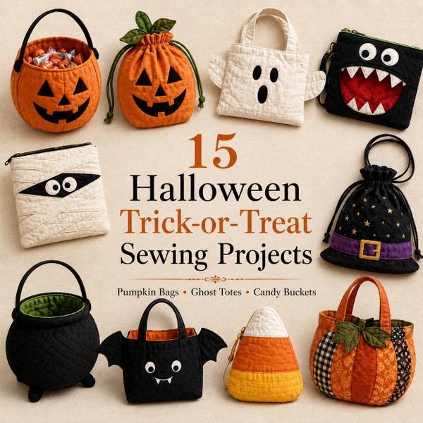 15 Halloween Trick-or-Treat Bag & Candy Bucket Sewing Projects - Pumpkin Bags, Ghost Bags, Monster Pouches Reusable, Treat Bag Digital Guide