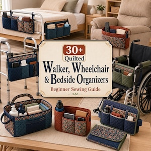 May include: A collection of quilted fabric organisers for walkers, wheelchairs, and bedsides, featuring various floral and solid patterns. The central text reads 30+ Quilted Walker, Wheelchair & Bedside Organisers Beginner Sewing Guide.