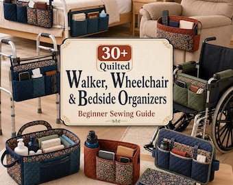 May include: A collection of quilted fabric organizers for walkers, wheelchairs, and bedsides, featuring various floral and solid patterns. The central text reads 30+ Quilted Walker, Wheelchair & Bedside Organizers Beginner Sewing Guide.