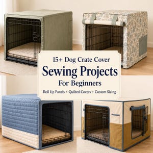 May include: Four dog crate covers in various fabric styles including solid olive green, floral print, quilted blue and cream, and colour-blocked tan and brown. The text reads 15+ Dog Crate Cover Sewing Projects For Beginners Roll Up Panels Quilted Covers Custom Sizing.
