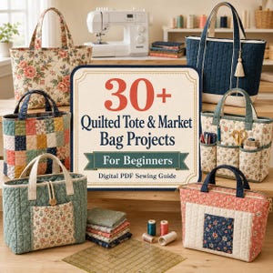 May include: A digital PDF sewing guide titled 30+ Quilted Tote & Market Bag Projects For Beginners, surrounded by various quilted tote bags in floral and patchwork patterns, including a blue bag with a tassel and a green bag with a button.