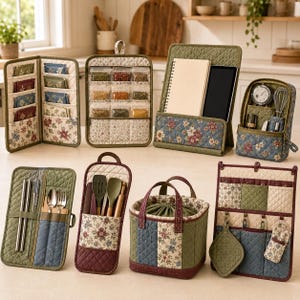 May include: A collection of quilted fabric organizers featuring floral patterns in shades of green, blue, and burgundy. The set includes various pouches, hanging storage units, a small tote bag, and cases designed for holding kitchen utensils, spices, and tablets.