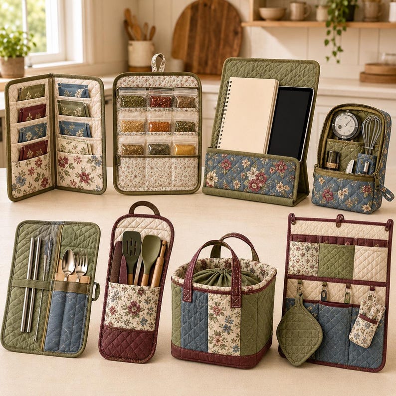 May include: A collection of quilted fabric organizers featuring floral patterns in shades of green, blue, and burgundy. The set includes various pouches, hanging storage units, a small tote bag, and cases designed for holding kitchen utensils, spices, and tablets.