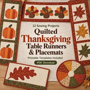 Pode incluir: Uma coleção de caminhos de mesa e jogos americanos acolchoados de Ação de Graças com abóboras, perus e folhas de outono. O texto diz 12 Sewing Projects Quilted Thanksgiving Table Runners & Placemats, Printable Templates Included, PDF Download.