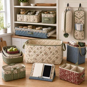 May include: A collection of quilted fabric storage organizers featuring floral patterns in shades of green, blue, and red. The set includes rectangular baskets, a drawer insert, a hanging bag, a wall pocket, and a folding tablet and book stand.