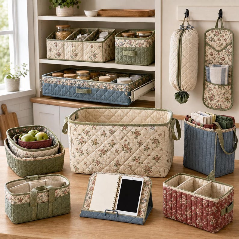 May include: A collection of quilted fabric storage organizers featuring floral patterns in shades of green, blue, and red. The set includes rectangular baskets, a drawer insert, a hanging bag, a wall pocket, and a folding tablet and book stand.