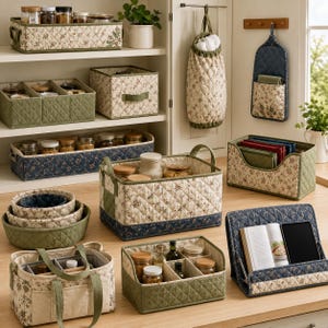 May include: A collection of quilted fabric storage organizers in cream, sage green, and navy blue with floral patterns. The set includes rectangular bins, divided trays, a hanging bag, a wall pocket, nested round baskets, and a book stand.