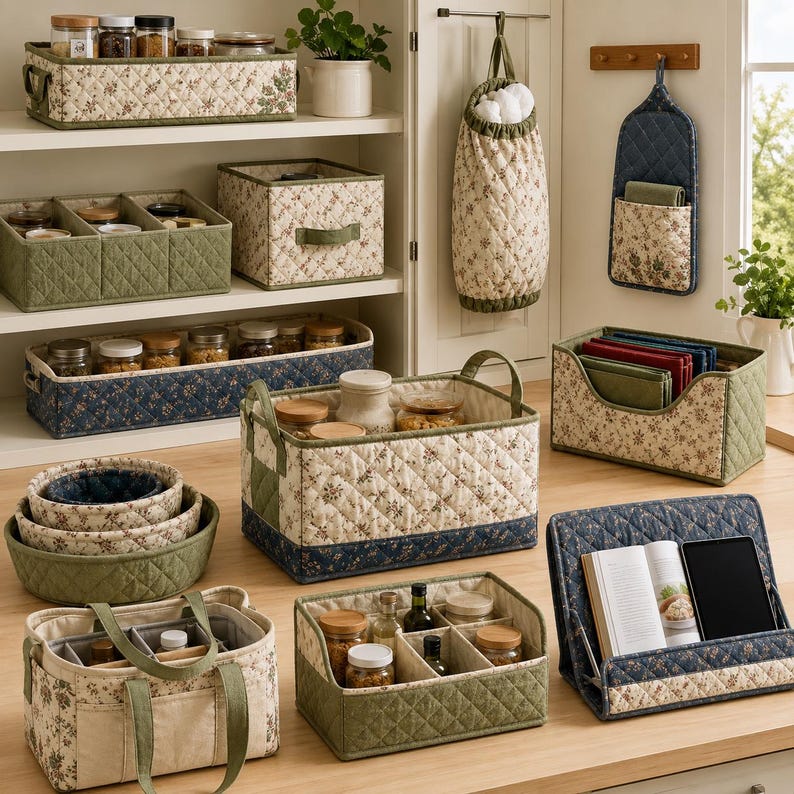May include: A collection of quilted fabric storage organizers in cream, sage green, and navy blue with floral patterns. The set includes rectangular bins, divided trays, a hanging bag, a wall pocket, nested round baskets, and a book stand.