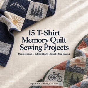 Puede incluir: Una guía digital en PDF titulada 15 T-Shirt Memory Quilt Sewing Projects, que incluye medidas, tablas de corte e instrucciones de costura paso a paso. El texto aparece sobre un fondo de tela clara con dos edredones de retazos.