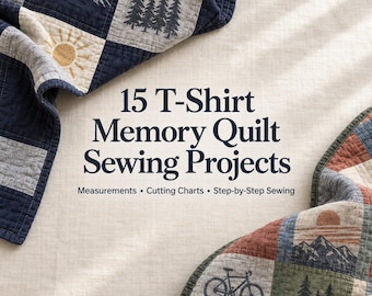 Może przedstawiać: Cyfrowy przewodnik PDF zatytułowany 15 T-Shirt Memory Quilt Sewing Projects, zawierający wymiary, tabele cięcia i instrukcje szycia krok po kroku. Tekst znajduje się na jasnym tle z tkaniny z dwiema częściowymi kołdrami patchworkowymi.