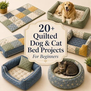 Pode incluir: Uma coleção de camas acolchoadas para animais de estimação em vários formatos e tamanhos, com retalhos de tecido floral e sólido em azul, verde e amarelo. Um golden retriever e um gato malhado descansam em camas separadas. O texto diz: 20+ Quilted Dog & Cat Bed Projects For Beginners.