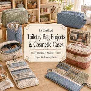 Può includere: Una guida digitale per cucito in PDF intitolata 15 Quilted Toiletry Bag Projects & Cosmetic Cases, circondata da varie borse in tessuto trapuntato con motivi blu, verdi e floreali, inclusi stili a scatola, da appendere e vanity con cerniere.