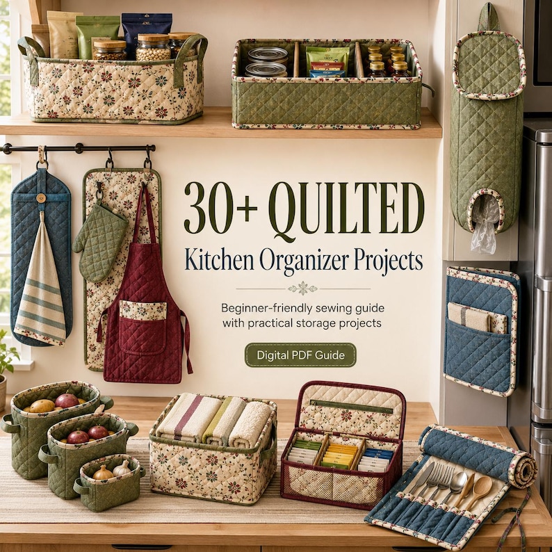 May include: A digital PDF guide titled 30+ Quilted Kitchen Organizer Projects featuring images of various quilted fabric storage bins, hanging organizers, aprons, and utensil rolls in floral, green, red, and blue patterns for sewing projects.