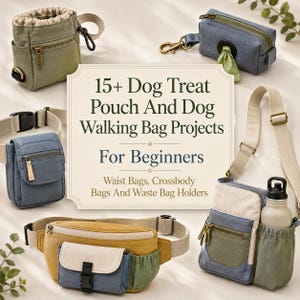 May include: A collection of dog walking accessories including a green drawstring treat pouch, a blue waste bag dispenser, a blue waist bag, a yellow and blue fanny pack with a buckle, and a blue and cream crossbody bag with a water bottle holder.