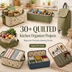May include: A collection of quilted fabric kitchen organisers including round and rectangular baskets, a hanging bag, and a flatware roll. The text reads 30+ QUILTED Kitchen Organiser Projects, Beginner-Friendly Sewing Guide, and Digital PDF Guide.