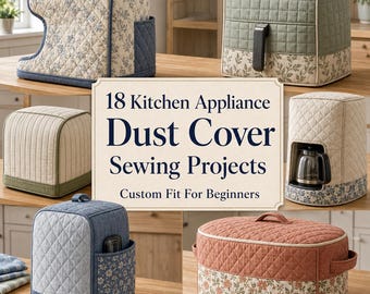 Może przedstawiać: Kolekcja pikowanych pokrowców z tkaniny na sprzęt kuchenny w różnych kolorach i kwiatowych wzorach. Centralny napis głosi 18 Kitchen Appliance Dust Cover Sewing Projects Custom Fit For Beginners ciemnoniebieskimi literami.