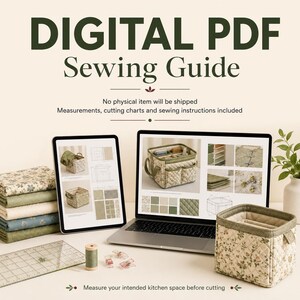 May include: A digital PDF sewing guide featuring a tablet and laptop displaying instructions for a quilted fabric storage bin. A finished floral quilted bin, a spool of green thread, sewing clips, and a clear plastic ruler are on the surface.