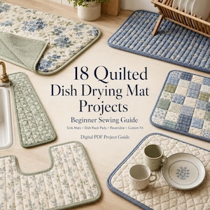 May include: A digital PDF sewing guide titled 18 Quilted Dish Drying Mat Projects featuring various quilted mats in blue, green, and cream floral patterns, including sink mats and dish rack pads, displayed with ceramic mugs and a plate.