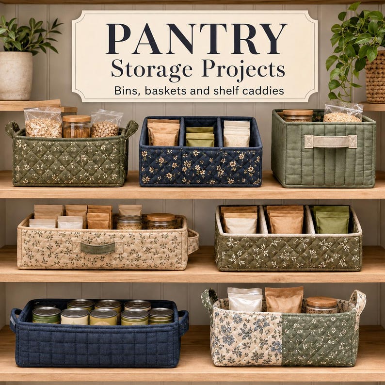 May include: A collection of quilted fabric storage bins and baskets in various colors and floral patterns, arranged on wooden shelves. A sign above reads PANTRY Storage Projects Bins, baskets and shelf caddies, displaying organized pantry items.