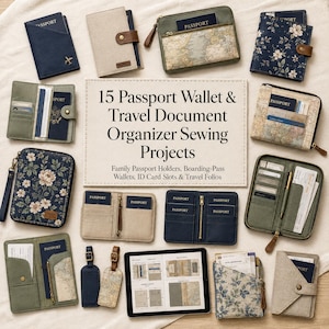 Peut inclure: Une collection de porte-passeports et d'organisateurs de documents de voyage en divers tissus, incluant des motifs floraux, des couleurs unies et des cartes. Un panneau central indique 15 Passport Wallet & Travel Document Organizer Sewing Projects.