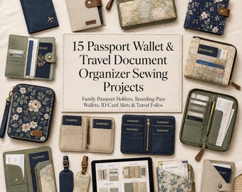 May include: A collection of passport wallets and travel document organizers in various fabrics, including floral prints, solid colors, and map patterns. A central sign reads 15 Passport Wallet & Travel Document Organizer Sewing Projects.