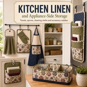 May include: A collection of quilted kitchen textiles including a hanging towel, oven mitt, apron, and storage organizers. The items feature navy blue, olive green, and cream fabrics with floral patterns and text reading KITCHEN LINEN and Appliance-Side Storage.