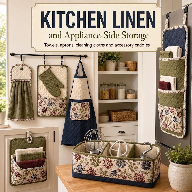 May include: A collection of quilted kitchen textiles including a hanging towel, oven mitt, apron, and storage organizers. The items feature navy blue, olive green, and cream fabrics with floral patterns and text reading KITCHEN LINEN and Appliance-Side Storage.