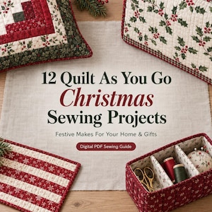 May include: A digital PDF sewing guide titled 12 Quilt As You Go Christmas Sewing Projects, surrounded by quilted items including a cushion, a fabric box with sewing tools, and a striped mat, all featuring red, green, and white holiday patterns.