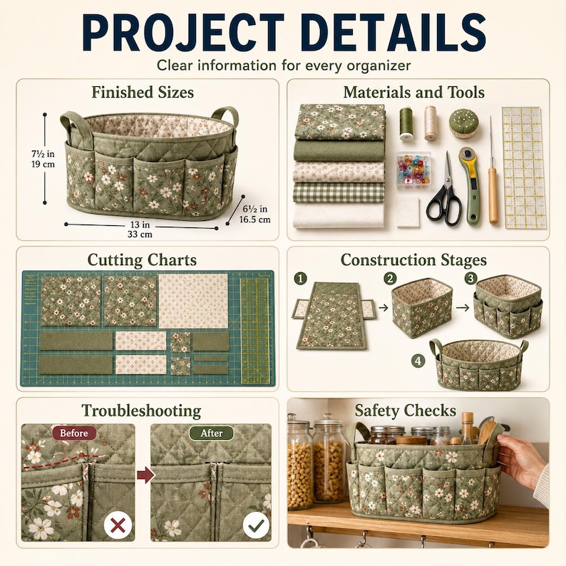 May include: A sewing project guide titled PROJECT DETAILS showing a quilted fabric organizer with floral patterns. It includes finished sizes of 13 inches by 6.5 inches by 7.5 inches, material lists, cutting charts, construction steps, and troubleshooting.