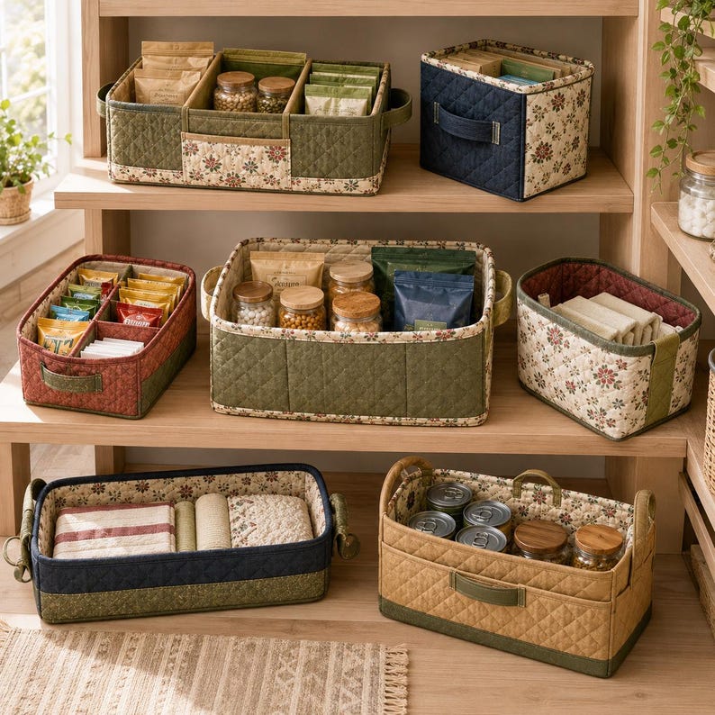 May include: A collection of rectangular fabric storage bins featuring quilted textures in olive green, navy blue, tan, and floral patterns. These organizers include side handles and internal dividers, holding various food items, jars, and folded textiles.
