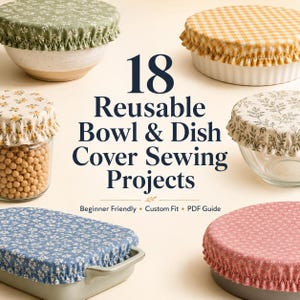 May include: A collection of fabric bowl and dish covers with various floral and gingham patterns, featuring the text 18 Reusable Bowl & Dish Cover Sewing Projects, Beginner Friendly, Custom Fit, PDF Guide, displayed on assorted kitchen containers.