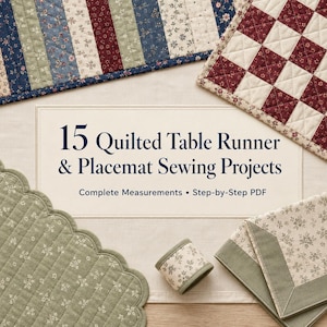May include: A collection of quilted fabric items including a striped runner, a checkered mat, a scalloped sage green mat, and a napkin ring, surrounding a central sign that reads 15 Quilted Table Runner & Placemat Sewing Projects Complete Measurements • Step-by-Step PDF.