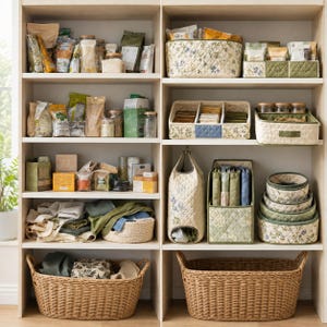 May include: A tall wooden shelving unit organized with various food items and storage solutions. The shelves feature quilted fabric bins with floral patterns, woven wicker baskets, and upright organizers holding pantry goods and folded textiles.