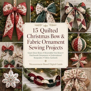 Puede incluir: Una guía digital titulada 15 Quilted Christmas Bow & Fabric Ornament Sewing Projects con imágenes de lazos acolchados, adornos de patchwork, una estrella de tela, un copo de nieve y una guirnalda de cadena de tela en rojo, verde y crema.