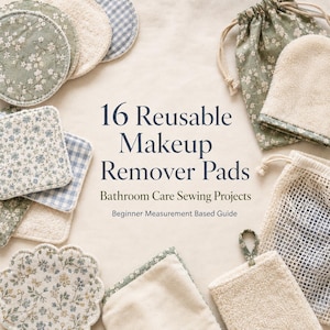 Può includere: Una collezione di dischetti struccanti riutilizzabili con vari motivi floreali e a quadretti, in forme circolari e quadrate di tessuto testurizzato, con sacchetti con coulisse e il testo 16 Reusable Makeup Remover Pads.