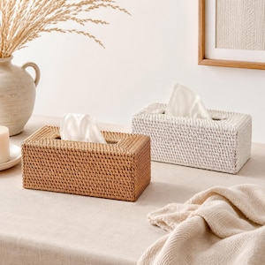 May include: Two rectangular tissue box covers featuring a woven rattan construction. One cover is in a natural light brown tone, while the other is finished in a crisp white. Each box has a central rectangular opening with white tissues.