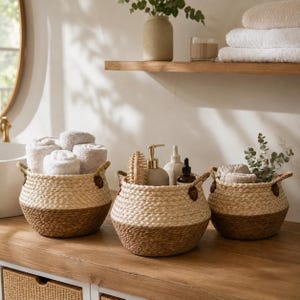 May include: Three round woven baskets with a two-tone design featuring a light cream upper section and a dark brown base. Each basket has two small side handles with brown leather-like accents. The baskets contain white towels and toiletries.