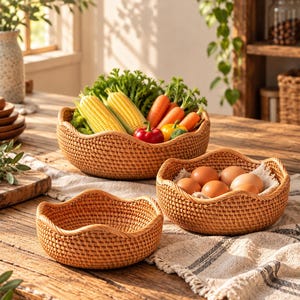May include: Three round, woven rattan baskets with wavy, scalloped edges. One basket holds fresh corn, carrots, and peppers. Another basket contains several brown eggs nestled on a light-colored fabric liner. The third basket is empty.