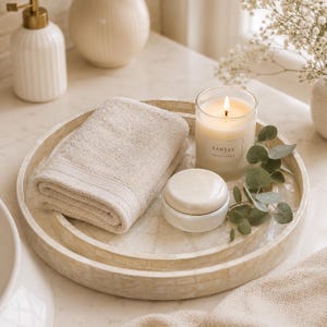 May include: A round, light-colored tray with a tiled mosaic pattern holds a folded beige hand towel, a small white lidded jar, a lit glass candle labeled SANTAL, and a sprig of green eucalyptus leaves, creating a neutral-toned bathroom display.