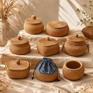 May include: A collection of woven rattan storage containers in various shapes, including round, square, and rectangular lidded baskets, alongside one open-top basket and a round rattan basket featuring a blue and white floral fabric drawstring pouch.
