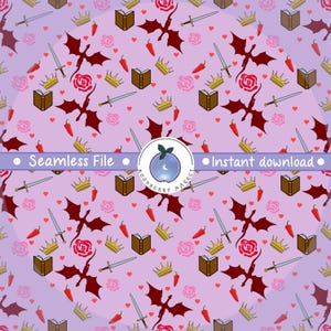 May include: A seamless digital pattern on a light purple background featuring repeating illustrations of dark red dragons, gold crowns, brown books, silver swords, red chili peppers, pink roses, and small red hearts with the text Seamless File.